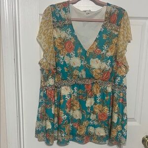 Cato Multicolor Floral Blouse with Leopard Accents
